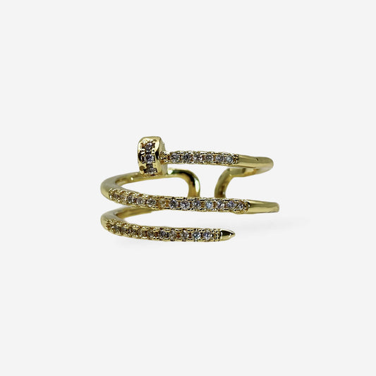 Anillo ajustable dorado diseño clavo con cristales brillantes