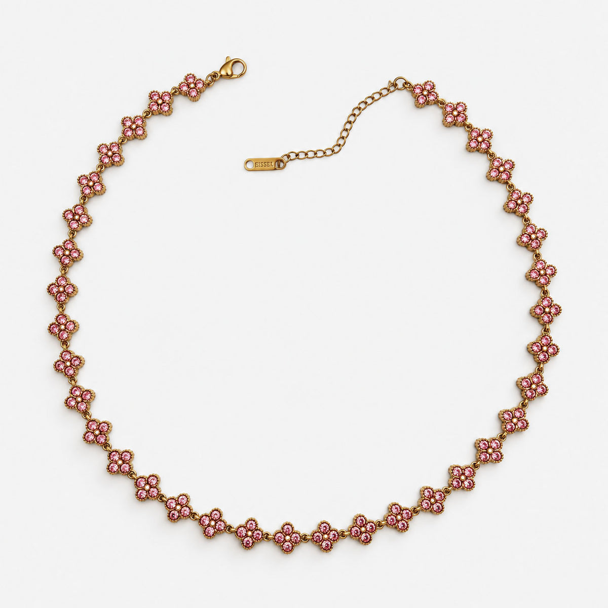 Collar Trébol Dorado con circonias rosas, graduable de 37,5 a 45 cm.