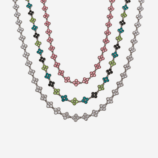 Collar Trébol Plateado de acero inoxidable 304 con circonias de colores