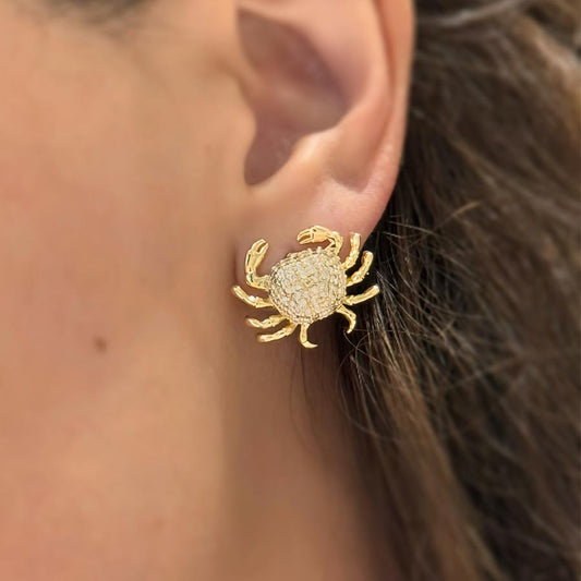 Aretes pequeños cangrejo dorado con incrustaciones