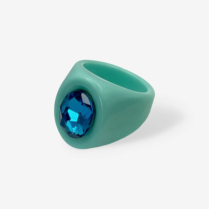 Anillo Retro Color azul de resina con cristal facetado central