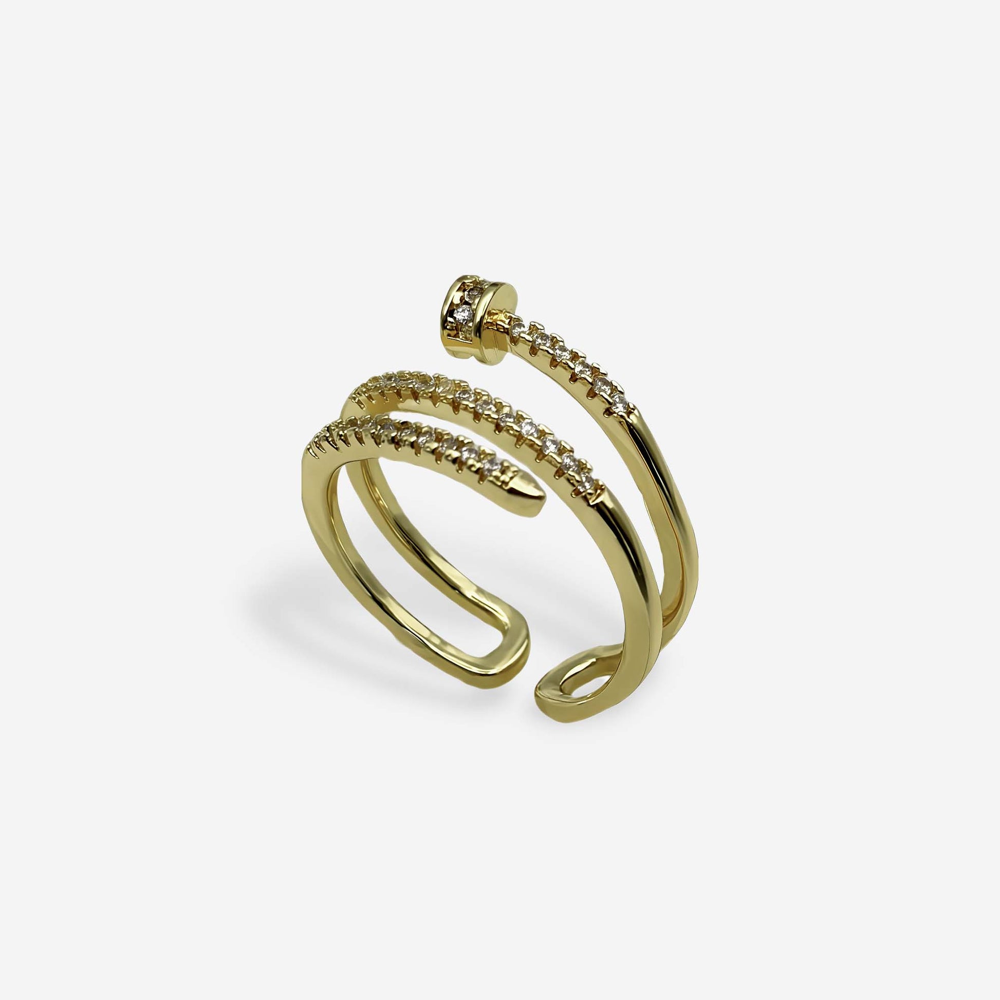 Anillo abierto dorado inspirado en clavo con piedras brillantes