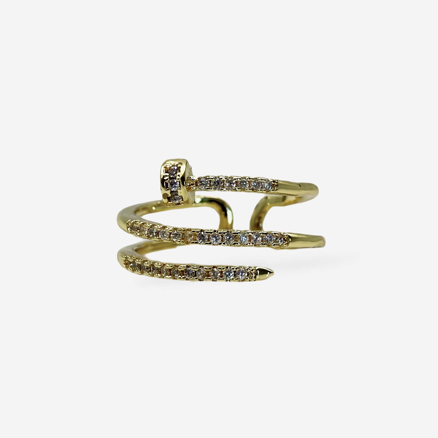 Anillo ajustable dorado diseño clavo con cristales brillantes