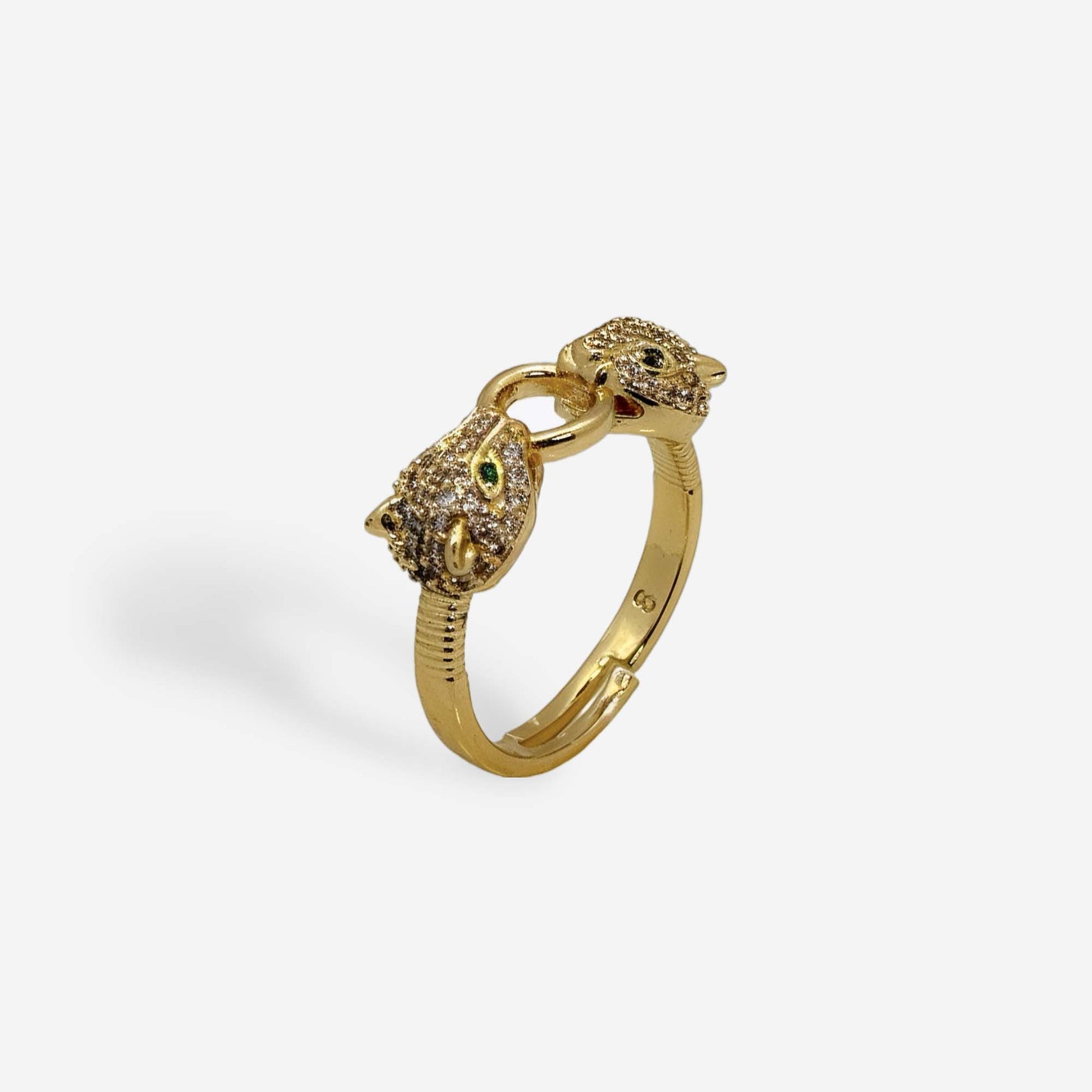 Anillo dorado statement con diseño de DOBLE pantera