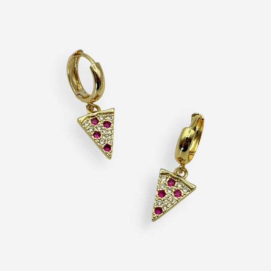 Aretes dorados aesthetic con pizza y cristales