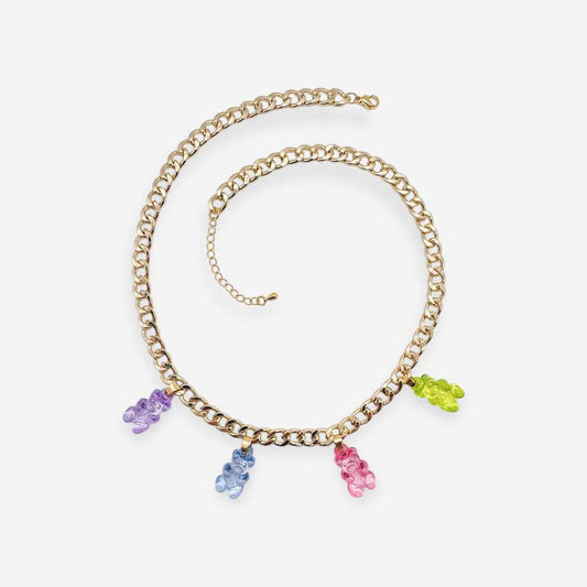 Collar con cadena cubana dorada y dijes de ositos acrílicos multicolor