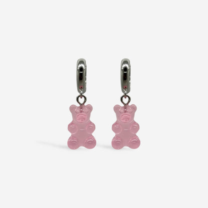 Candongas Plateadas con dijes de ositos de goma rosa