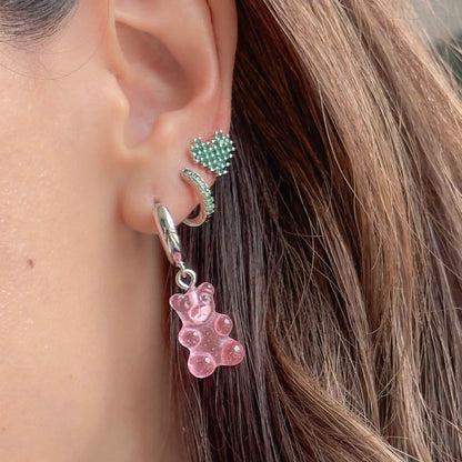 Candongas plateadas con dije de ositos de goma rosa