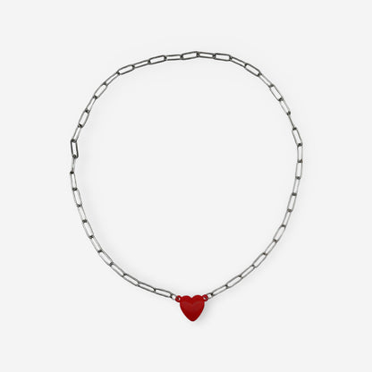 Collar Cierre de Corazón rojo extendido mostrando cadena tipo clip en acero inoxidable largo 45 cm