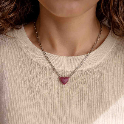 Collar Cierre de Corazón vino glitter con broche magnético de corazón en 3D sobre cadena plateada de acero inoxidable