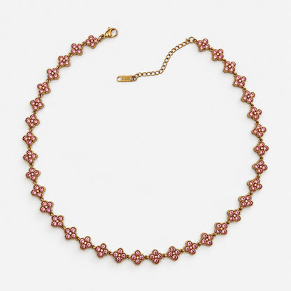 Collar Trébol Dorado con circonias rosas, graduable de 37,5 a 45 cm.