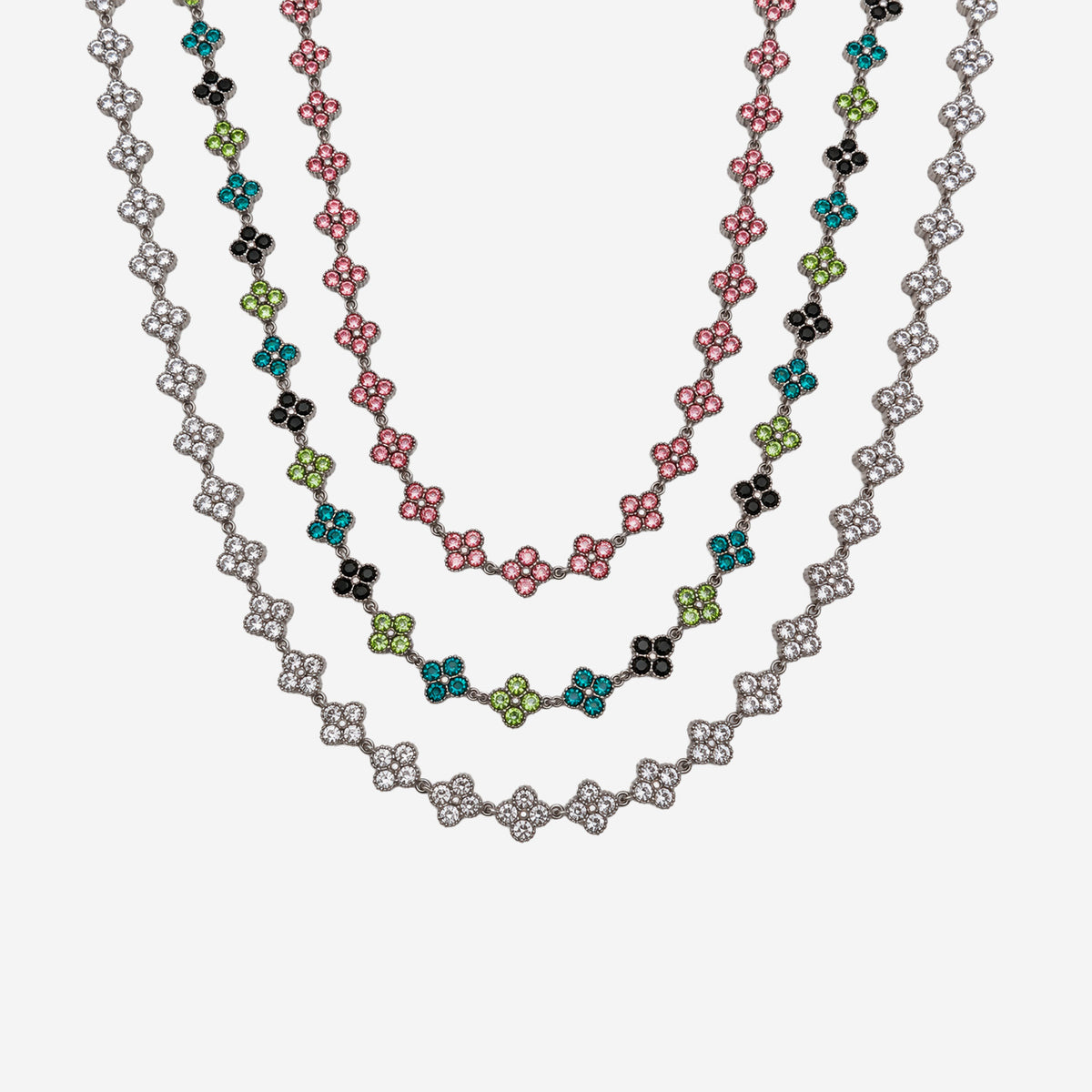 Collar Trébol Plateado de acero inoxidable 304 con circonias de colores