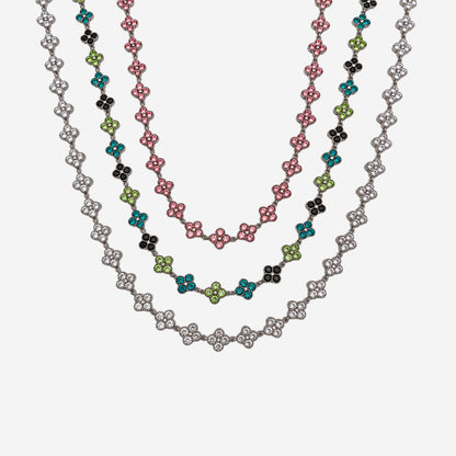 Collar Trébol Plateado de acero inoxidable 304 con circonias de colores