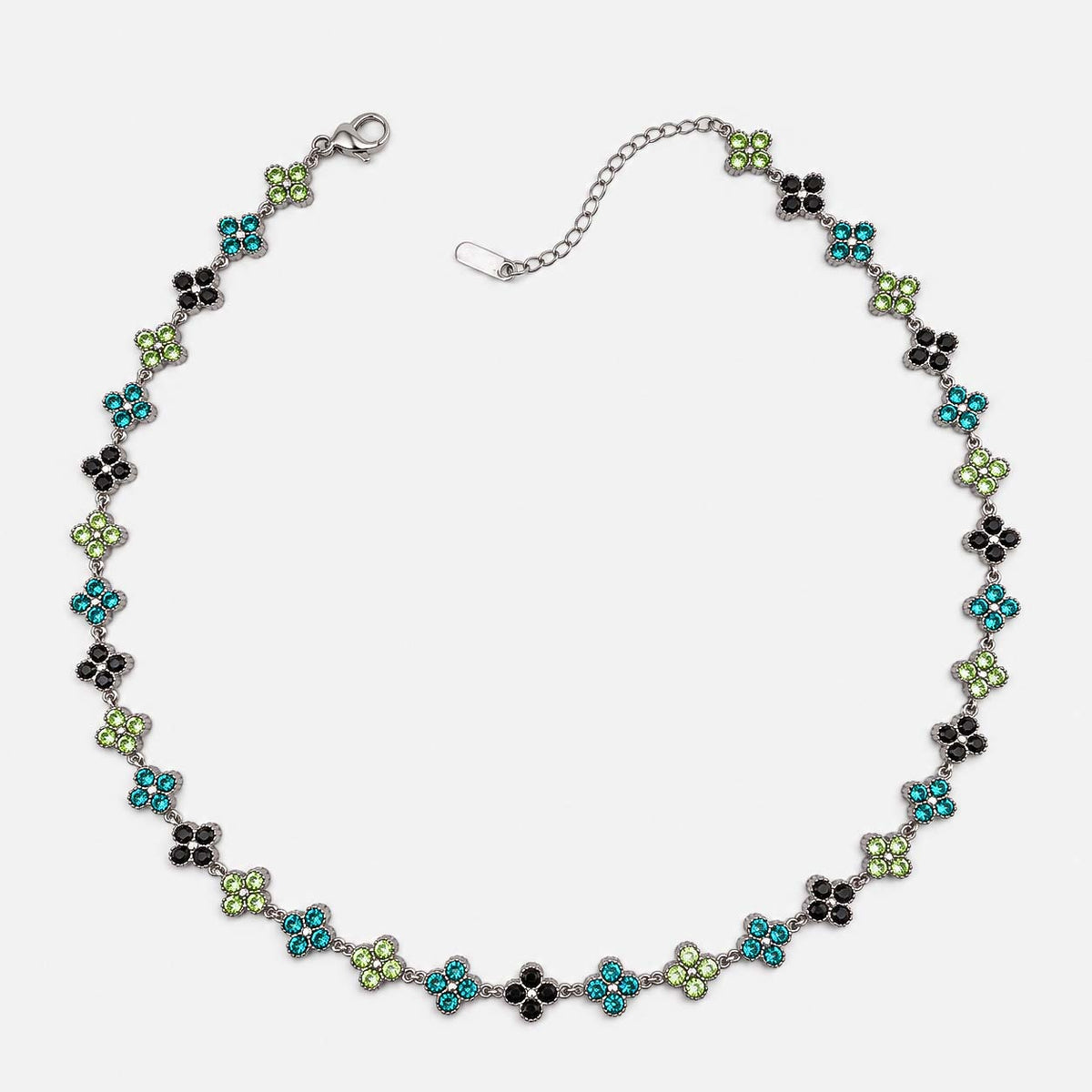 Collar de tréboles con circonias turquesa, verdes y negras, con acabado plateado