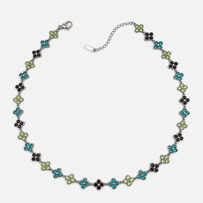 Collar de tréboles con circonias turquesa, verdes y negras, con acabado plateado