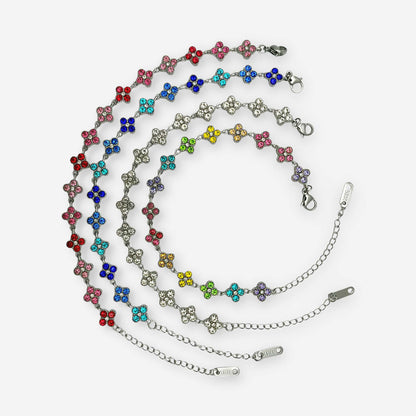 Pulsera Trébol Plateada de acero inoxidable 304 con circonias de colores