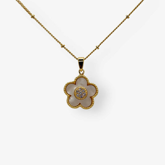 Collar flor con efecto nácar y circonias