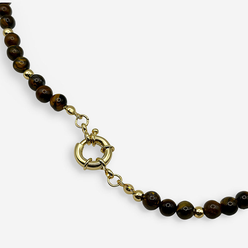 collar de ojo de tigre natural en tonos café con separadores metálicos dorados y cierre tipo marinero.