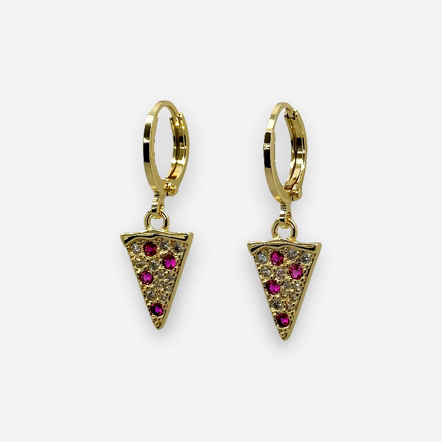 Accesorio divertido aretes pizza dorados con piedras brillantes