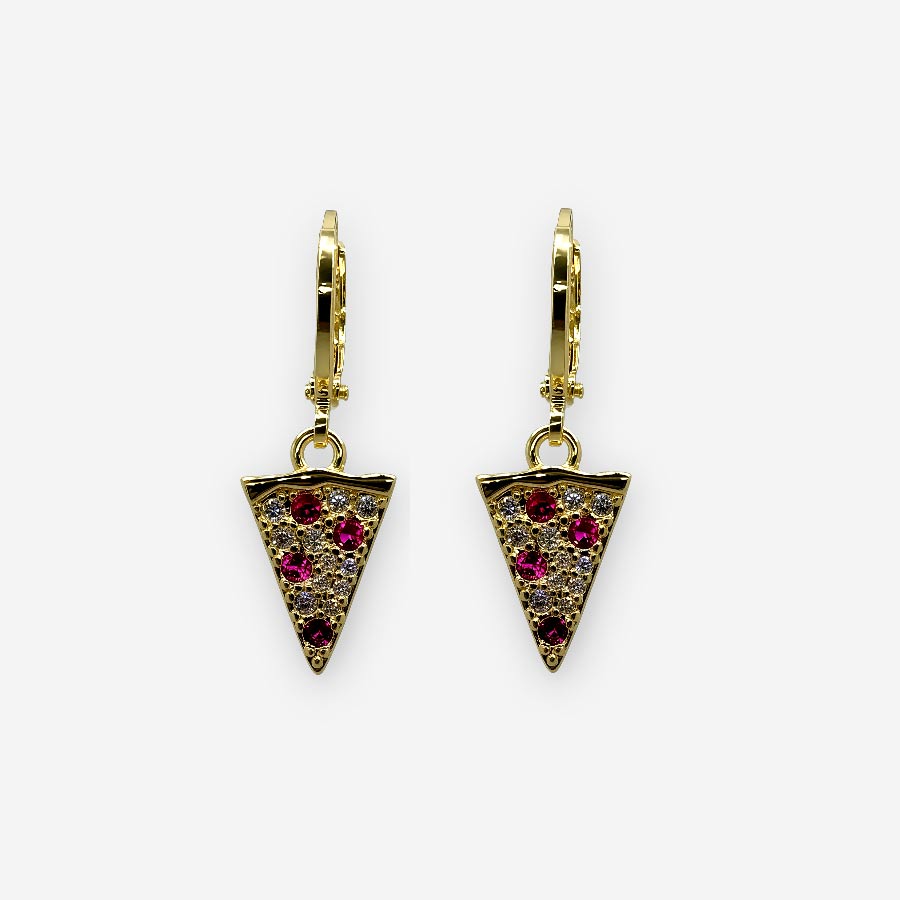 Aretes dorados con dije en forma de pizza brillante