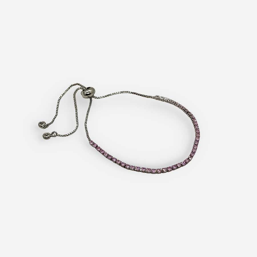 Pulsera plateada ajustable tipo tenis con circonias rosas