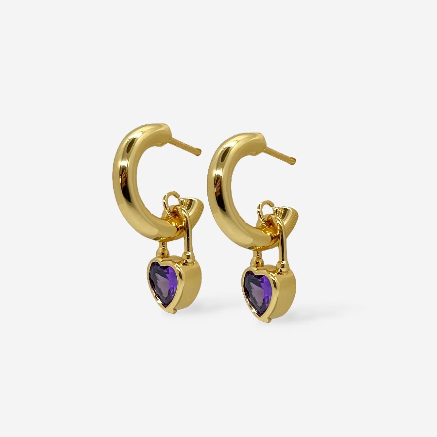 Topitos en forma de candongas con corazon morado y dorado, vista lateral