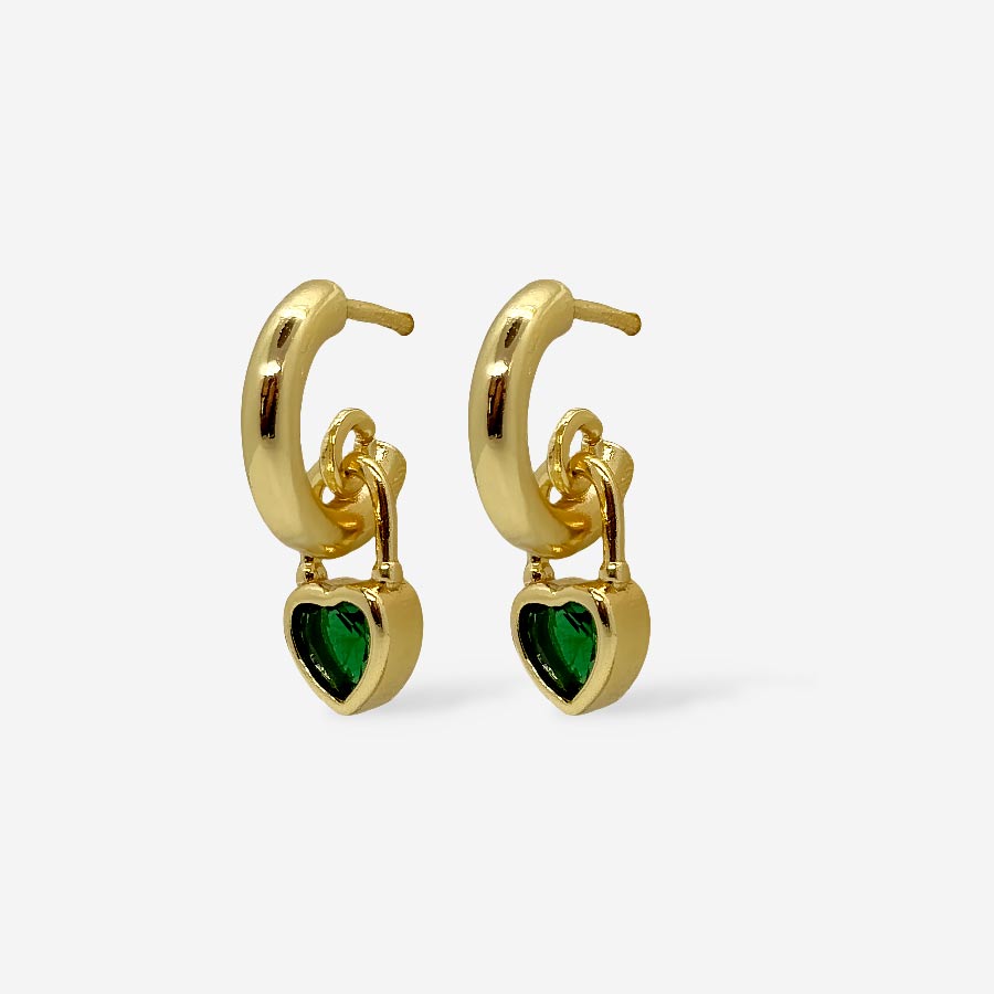 Topitos en forma de candongas con corazon verde y dorado, lateral