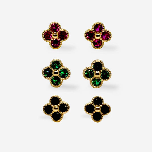 Aretes pequeños trébol en colores fucsia, verde y negro